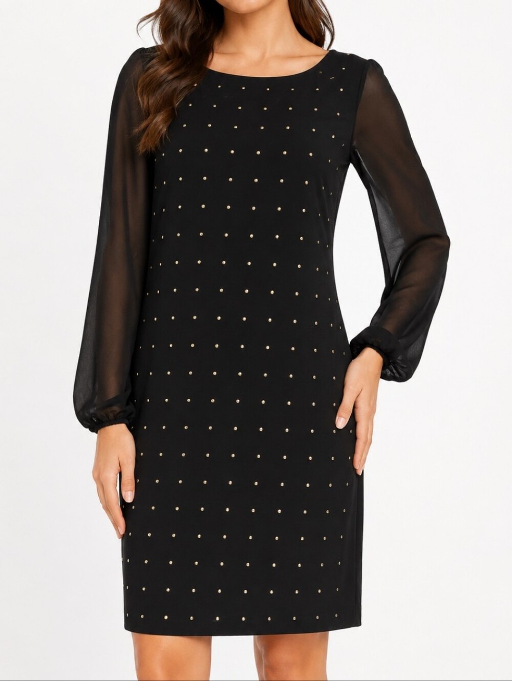 White House Black Market Sheer Long Sleeve Gold Studded Shift Cocktail Dress